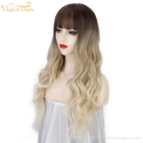 Vigorous Natural Cosplay Synthetic Non Lace Front 24 Inch Long Wavy Ombre Wig Synthetic Hair Wigs With Bangs For Black Women